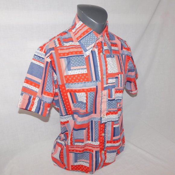VTG Doug's Leisure Wear Mens L Red white blue Patchwork Look Button front Shirt - Picture 5 of 11